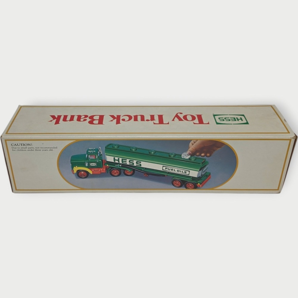 HESS 1984 TOY TRUCK BANK GASOLINE TANKER W/BOX GREEN FUEL OILS AMERADA HONG KONG